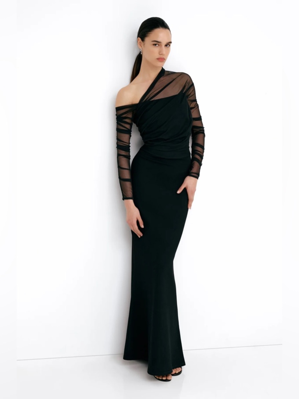 NWT Marcella Black Monroe Dress European Ponte & Mesh Gown Womens Size M - Picture 3 of 13